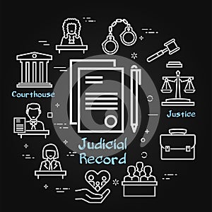 Vector black line banner of legal proceedings - judicial record icon