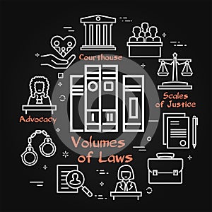 Vector black line banner of legal proceedings - volumes of law books icon