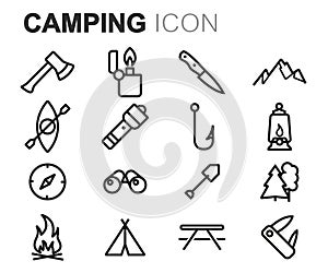 Vector black line camping icons set