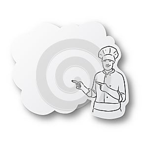 Vector black line hand drawn of male chef presenting on speech bubble shape cut paper with shadow isolated on white background