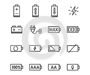 Vector black line icon set battery. Outline symbol technology design and electricity energy. Power web electric element thin