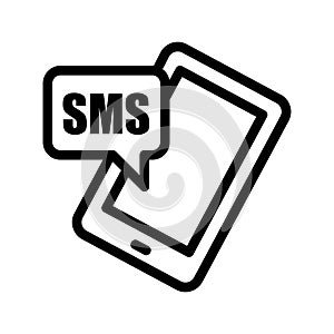 Vector black line icon SMS notification on phone isolated on white background