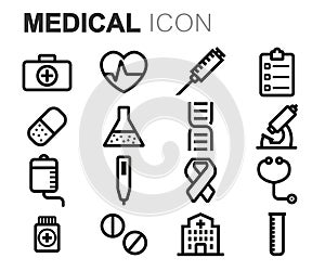 Vector black line medical icons set