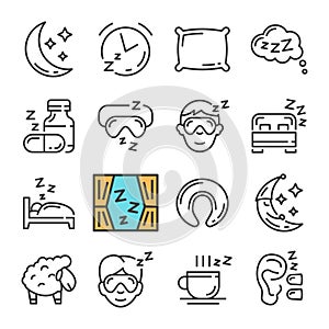 Vector black line Sleep icons set. Includes such Icons as Moon, Pillow, Sheep.