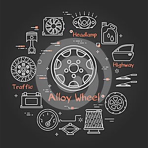 Vector black linear banner of alloy wheel