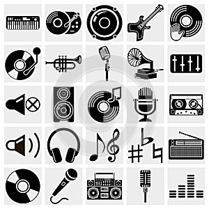 Vector black music icons set on gray
