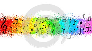 Vector Black Music Notes in Colorful Spatters and Splashes Background