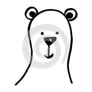Vector black outline flat cartoon doodle bear face isolated on white background