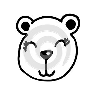 Vector black outline flat cartoon doodle bear face isolated on white background