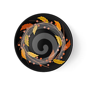 Vector black porcelain plate with hand drawn autumn leaves and branches. Arts and crafts