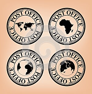 vector black post stamps with map of the world