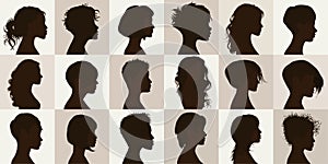 Vector black profile silhouette set with female haircut. Collection face anonymous portrait isolated women heads modern hairstyle