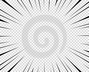 Vector black radial lines for comics, superhero action. Manga frame speed, motion, explosion background. Isolated background.