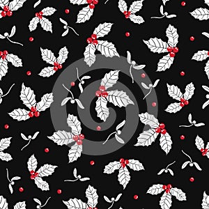 Vector black, red, white holly berry and mistletoe holiday seamless pattern background. Great for winter themed