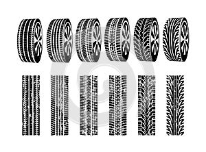 Vector black rubber tyre texture. Black tire design car texture silhouette