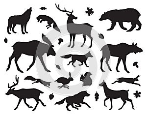 Vector black set of forest animals silhouette