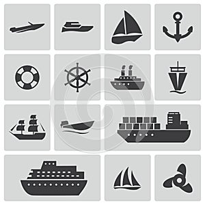 Vector black ship and boat icons set