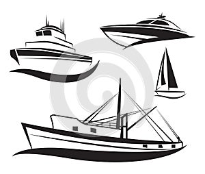 Vector black ship and boat set.