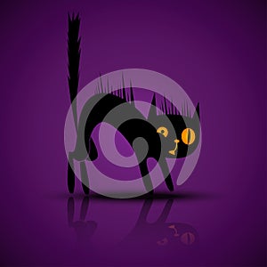Vector black silhouette of angry cat with reflection on a purple background for Halloween party.