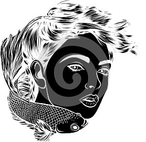 vector black silhouette of girl with fish in her hair