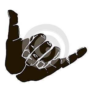 Black silhouette realistic shaka hand gesture icon graphic