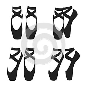 Vector black silhouette set of ballet shoes in classic positions isolated on white background