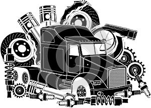 vector black silhouette of set of a truck with trailer and tank truck