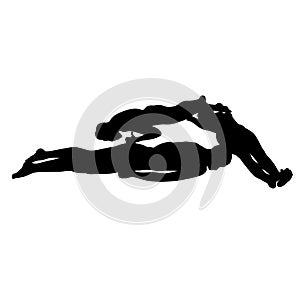Vector black silhouettes of three sunbathers. two guys and a girl lie in a triangle top view isolated on a white