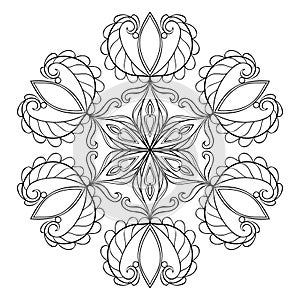 Vector black snow flake in zentangle doodle style, mandala for a