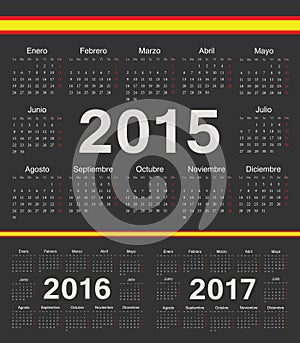 Vector black spanish circle calendars 2015, 2016, 2017