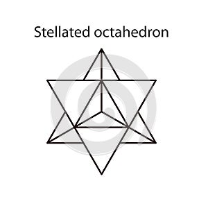 Vector black Stellated Octahedron, also called Stella octangula, and Polyhedra Hexagon, geometric polyhedral compounds photo