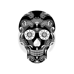 Vector black sugar skull with doodle floral pattern