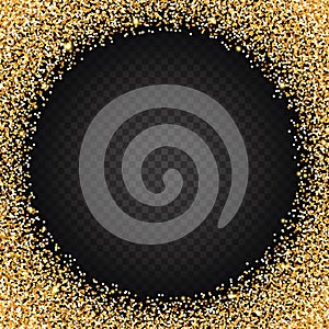 Vector black template with golden sparkle glitter. Shining gold circle frame on transparent background