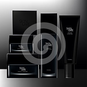Vector Black Toiletries or Beauty Packaging Set with Black square Cap Clear Jar, Bottle