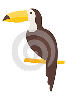 Vector black toucan clip art in flat style. Beautiful tropical bird with a long yellow beak. Exotic toucan for minimal flat design