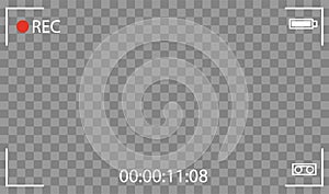 Vector Black transparent camera rec interface viewfinder with digital focus and exposure settings. Screen photography