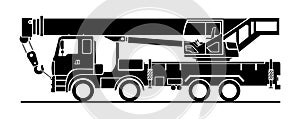 Vector black truck crane icon on a white background; side view. Car with a crane. Stylish icon for logo. Modern flat vector