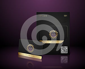 Vector black vip card presentation with golden frame. VIP membership or discount card. Luxury club ticket. Elite black coupon photo