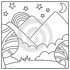 Vector black and white abstract background with clouds, stars, half moon, forest, mountains. Magic or fantasy world line scene.