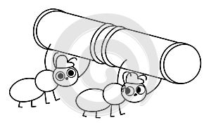 Vector black and white ants in hard hats bringing big pipe. Construction site worker line illustration or coloring page for kids.