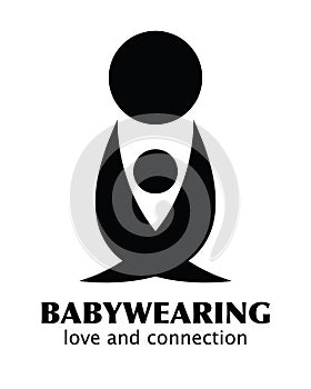 Vector Black and White Babywearing Symbol With Parent Carrying Baby In a Sling. Icon Style. Love, connection concept.