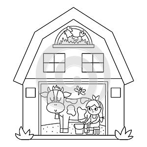 Vector black and white barn icon with girl milking cow inside. Outline farm shed coloring page. Woodshed with windows and hen in