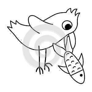 Vector black and white bird with fish in a beak. Funny woodland or marine animal. Cute forest outline illustration for kids