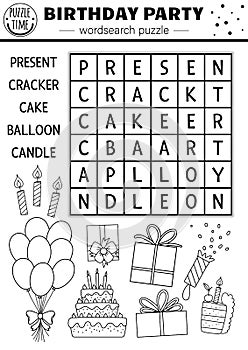 Vector black and white Birthday party wordsearch puzzle for kids. Simple holiday crossword with present, cake, balloon, candle.