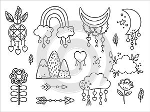 Vector black and white boho elements collection. Bohemian half moon, dream catcher, flowers, arrows, cloud, feathers isolated on
