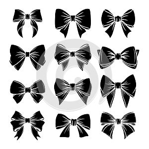 Vector Black and White Bow Tie or Gift Bow, Cut Out Icon Set Isolated on White Background. Bows Collection. Bow Design