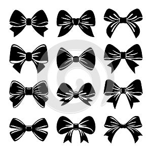 Vector Black and White Bow Tie or Gift Bow Silhouette Cut Out Icon Set Isolated on White Background. Bows Collection