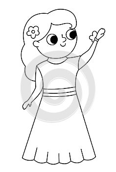 Vector black and white bridesmaid illustration. Cute line girl in dress with flower in hair. Wedding ceremony icon. Cartoon