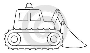 Vector black and white bulldozer with shovel or scoop, crawler mechanism. Construction site, road work line icon. Building photo