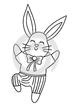 Vector black and white bunny illustration. Easter traditional animal line icon. Cute spring rabbit coloring page for kids. Happy